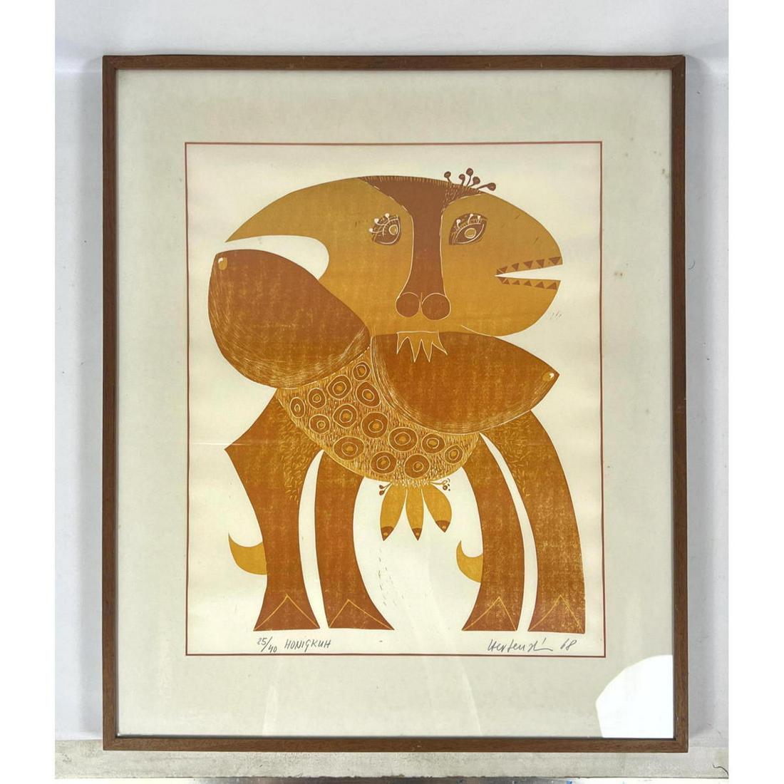 HAP GRIESHABER Modernist Figural Signed Print. Fish, Bird, Animal Creature. "Honigkuh".  Illegibly s (1 of 8)