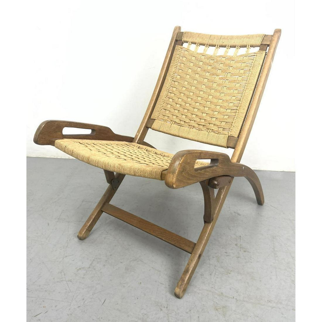 Hans Wegner style Folding Lounge Chair. Woven Rush Seat and back. Handles. (1 of 8)