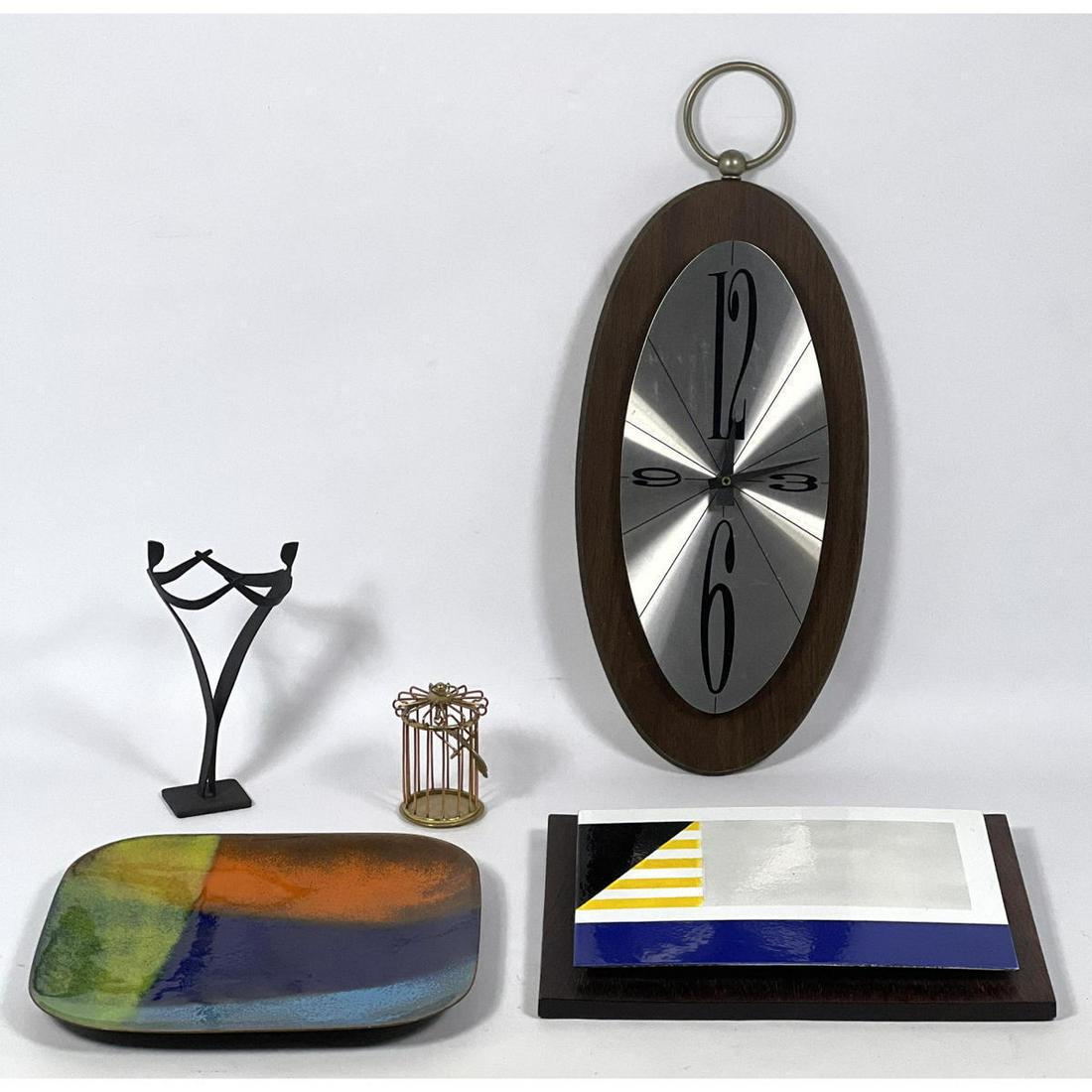 Mid Century Modern Accessories lot. Enamelware, Clock, Sculpture, etc. Gerde painted plaque. (1 of 17)