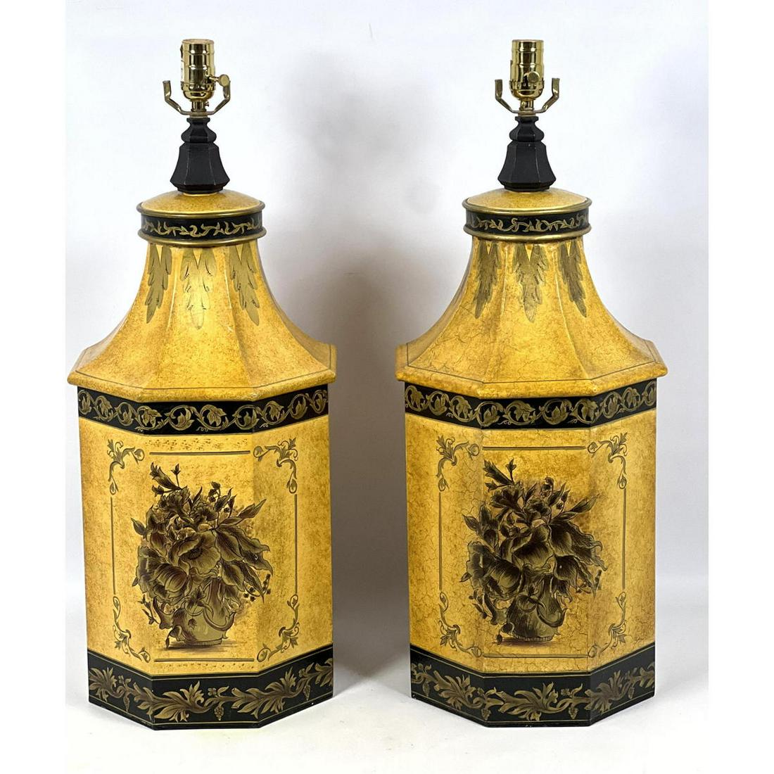 Pr John Richard Toleware Painted Metal Table Lamps Golden Painted