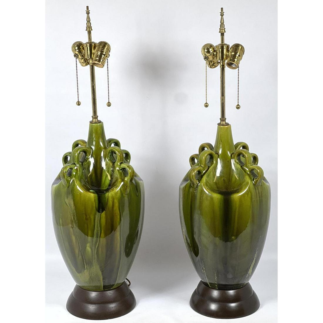 Pair of Unique Green Glazed Pottery Table Lamps.  Unique handle design. Pottery only 18.5 (1 of 13)