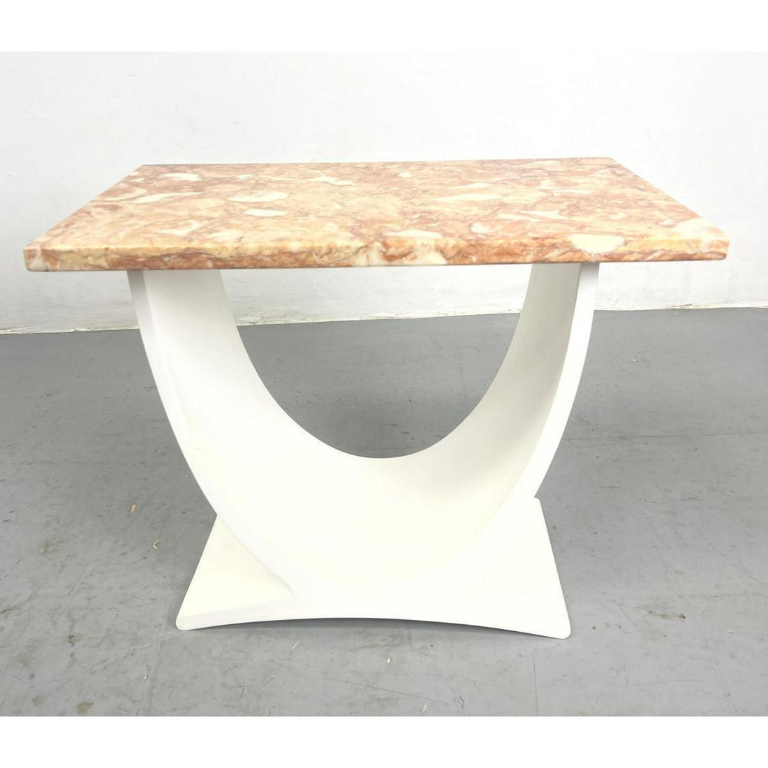 MICHAEL TAYLOR Marble top Side Table. White Curved Base. Label. (1 of 7)