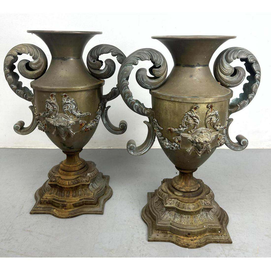 Pr Vintage Brass and Iron Metal Urns on Pedestals. Fancy handles. Female Bust relief design. (1 of 11)