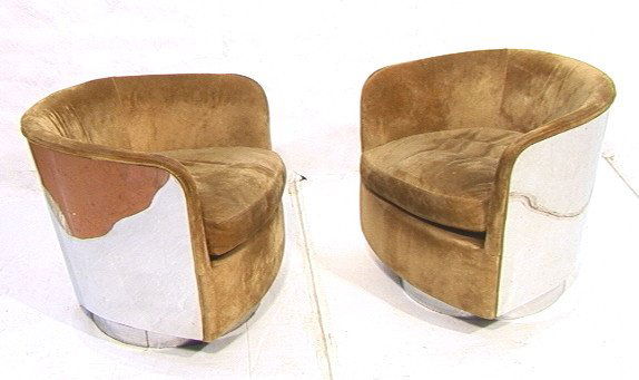 2 MILO BAUGHMAN THAYER COGGIN Suede Lounge Chairs: 2 MILO BAUGHMAN THAYER COGGIN Suede Lounge Chairs. Full Chrome Barrel backs and cylinder base. Chairs swivel and rock. Labeled. 2 PCS-- Dimensions: H: 24.5 inches: W: 27 inches: D: 30.5 inches ---