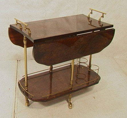 ALDO TURA Goatskin Tea Bar Cart. Brass Trim and: ALDO TURA Goatskin Tea Bar Cart. Brass Trim and Gallery. Italian made. Drop sides are 7.25". -- Dimensions: H: 27 inches: W: 29 inches: D: 15.25 inches ---