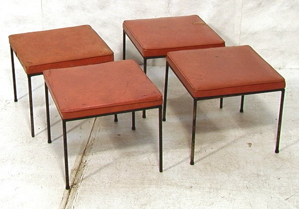 Set 4 PAUL McCOBB Black Iron Stools Ottomans. Pai: Set 4 PAUL McCOBB Black Iron Stools Ottomans. Painted Black Iron Stools with light red cushions. 4 PCS.-- Dimensions: H: 13.54 inches: W: 16.5 inches: D: 16.5 inches ---
