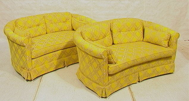 PR Decorator Rounded Back Love Seat Settees. Ca: PR Decorator Rounded Back Love Seat Settees. Carriage House Custom Interiors Loveseats. Loose pillows.-- Dimensions: H: 27.5 inches: W: 60 inches: D: 33 inches ---