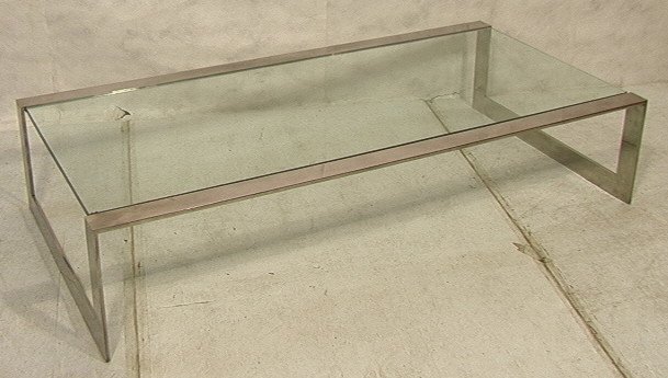 70's Modern Oversized Cocktail Coffee Table. Heav: 70's Modern Oversized Cocktail Coffee Table. Heavy 3" thick Chrome Frame with 1/2" thick Glass. -- Dimensions: H: 15 inches: D: 36 inches: L: 72 inches ---