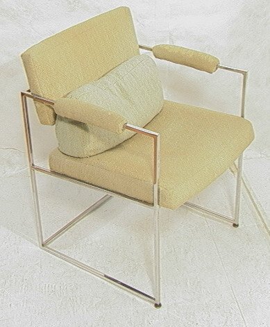 MILO BAUGHMAN Chrome Square Rod Arm Chair. Uphols: MILO BAUGHMAN Chrome Square Rod Arm Chair. Upholstered Seat, Back and Arms. Unmarked.-- Dimensions: H: 30 inches: W: 23 inches: D: 23 inches ---