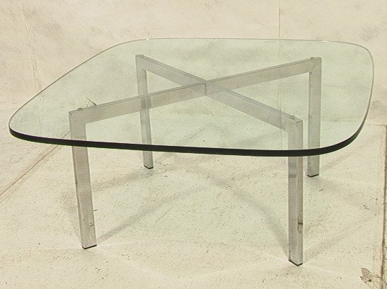 70's Modern Chrome & Glass Cocktail Table. 3/4": 70's Modern Chrome & Glass Cocktail Table. 3/4" thick Square Glass Top on Chrome X Base-- Dimensions: H: 16 inches: W: 36.5 inches ---