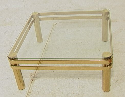 70's Modern Square Brass & Glass Cocktail Table: 70's Modern Square Brass & Glass Cocktail Coffee Table. Tube Legs with Double Strap Frame. -- Dimensions: H: 16.5 inches: W: 38 inches: D: 38 inches ---