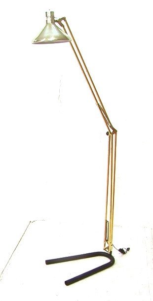 Oversized LUXO style Floor Lamp. Brass tone arms: Oversized LUXO style Floor Lamp. Brass tone arms with silver tone shade. Heavy horseshoe shaped base. Unmarked.-- Dimensions: H: 70 inches: W: 44 inches: D: 15 inches ---