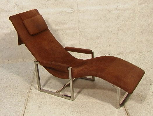 Brown Suede Chrome Frame Chaise Lounge. Thick Squ: Brown Suede Chrome Frame Chaise Lounge. Thick Square Tube Chromed Steel Frame. Suede upholstered lounge and arms with loose head pillow. Baughman style.-- Dimensions: H: 45 inches: W: 69 inches: D: 26