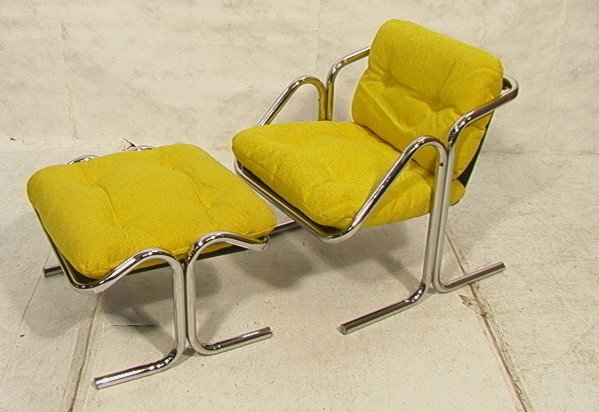 70's Modern. Tube Chrome Side Chair with Ottoman.: 70's Modern. Tube Chrome Side Chair with Ottoman. Thick tube construction with Tufted Yellow Fabric Cushions. -- Dimensions: H: 31 inches: W: 26 inches: D: 28 inches ---