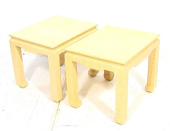 Pr CARL SPRINGER style Asian End Tables. Lacquere: Pr CARL SPRINGER style Asian End Tables. Lacquered Grass Cloth Finish. Oriental Decorator style. Cream Color. Unmarked. -- Dimensions: H: 22 inches: W: 22 inches: D: 27 inches ---
