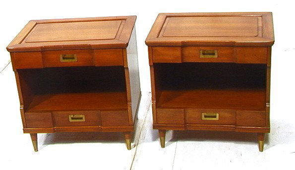 Pr JOHN WIDDICOMB Nite Stands. American Modern Wa: Pr JOHN WIDDICOMB Nite Stands. American Modern Walnut Cabinets. One Drawer with Brass Recessed Handles. Peg Legs with brass caps. Marked.-- Dimensions: H: 24.5 inches: W: 25 inches: D: 18 inches ---