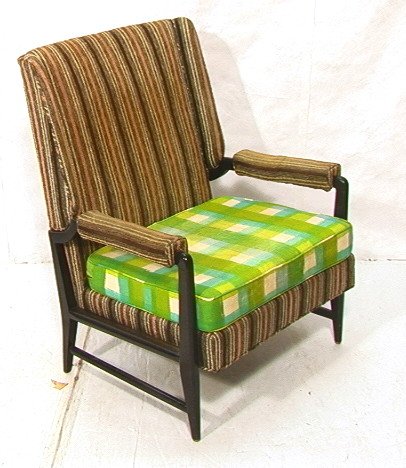 DUNBAR style open Arm Lounge Chair. Ebonized Wood: DUNBAR style open Arm Lounge Chair. Ebonized Wood Frame with Upholstered arms. Loose cushion. Unmarked.-- Dimensions: H: 38 inches: W: 31 inches: D: 30 inches ---