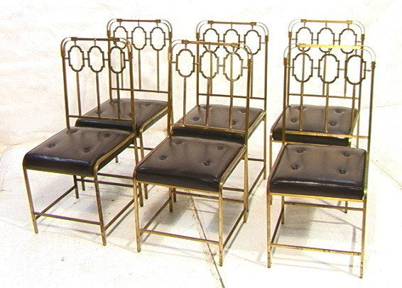 Set 6 Decorator Heavy Brass Dining Chairs. Squar: Set 6 Decorator Heavy Brass Dining Chairs. Square tube construction. Nice form. Black seat cushions. 6 PCS.-- Dimensions: ---