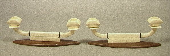 PR Ivory Double Arm Candle Sticks Holders. Gondol: PR Ivory Double Arm Candle Sticks Holders. Gondola Form Candleholders on Elliptical Wood Base.-- Dimensions: H: 3.25 inches: W: 9 inches: D: 2.5 inches --- US Shipping charge: $28