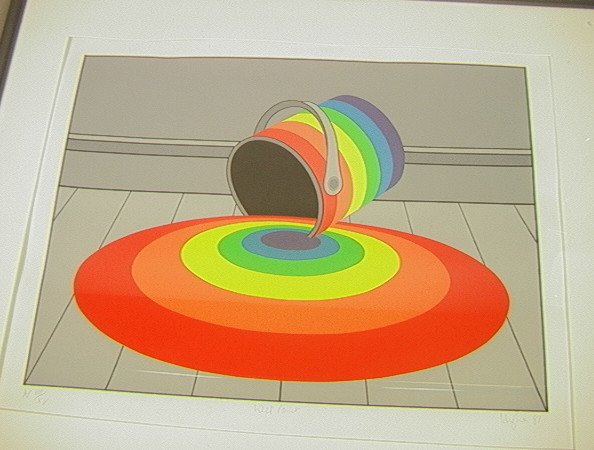 PATRICK HUGHES Signed Silkscreen "Wet Paint". Col: PATRICK HUGHES Signed Silkscreen "Wet Paint". Colorful GRAPHIC Image of rainbow and paint can. British Artist, born 1939. Pencil signed, AP. VIII/ XV. -- Dimensions: H: 18.75 inches: W: 24.5 inches --