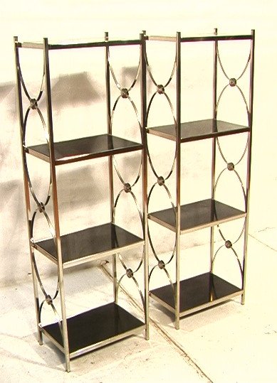 Pr REGENCY Style Chrome & Glass Etageres. "X" For: Pr REGENCY Style Chrome & Glass Etageres. "X" Form Sides. MAISON JANSEN style. Display units with painted black glass shelves. Curio Shelves. 2 PCS. -- Dimensions: H: 65.5 inches: W: 20 inches: D: 12.