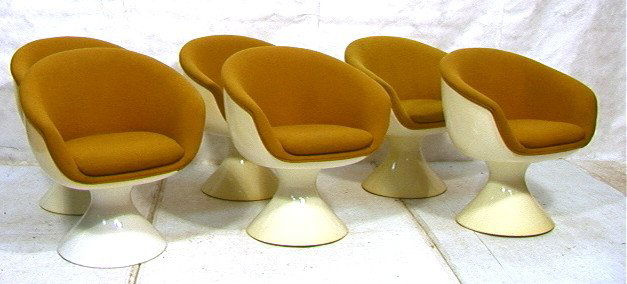 Set 6 Space Age Cone Base EGG CHAIRS. Molded Plas: Set 6 Space Age Cone Base EGG CHAIRS. Molded Plastic Off White Bases with Gold Upholstery. Swivel chairs. 6 PCS.-- Dimensions: H: 31 inches: W: 28 inches: D: 27 inches ---