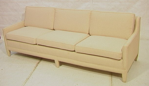 Cotton Upholstered Decorator Sofa Couch with 6 Lo: Cotton Upholstered Decorator Sofa Couch with 6 Loose Cushions. Unmarked.-- Dimensions: H: 34 inches: D: 35 inches: L: 91 inches ---