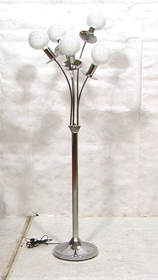 70's Modern Chrome Column 5 Glass Shade Floor Lam: 70's Modern Chrome Column 5 Glass Shade Floor Lamp. Chrome Tube Base supports Five White Glass Ball Shades. -- Dimensions: H: 63 inches: W: 21 inches ---
