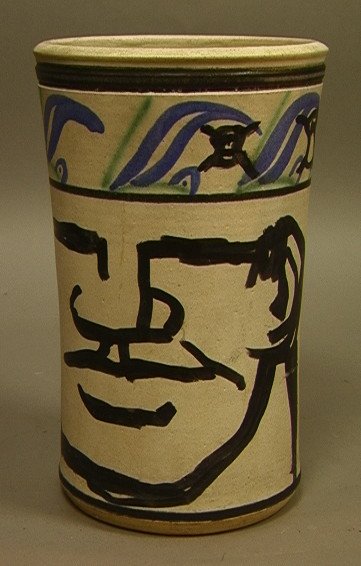 ROBERT LOUGHLON Magic Marker Drawing on MORRISON: ROBERT LOUGHLON Magic Marker Drawing on MORRISON Pottery Jar Vase. Decorated with Signature Face & Skulls. Signed & dated '69.-- Dimensions: H: 10 inches: W: 6 inches --- US Shipping charge: $28