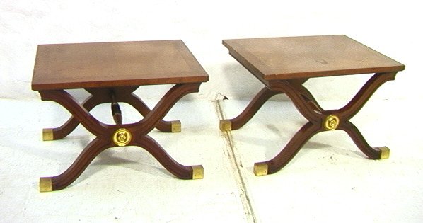 Pr DOROTHY DRAPER for HERITAGE HENREDON "X" Base: Pr DOROTHY DRAPER for HERITAGE HENREDON "X" Base End Table. "X" Base with Brass Medallion Accents. Marked. 2 PCS-- Dimensions: H: 16.25 inches: W: 24 inches: D: 19 inches ---