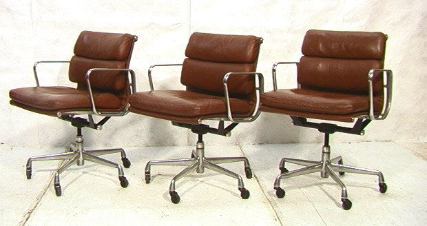 3 HERMAN MILLER Executive Desk Office Chairs. Cha: 3 HERMAN MILLER Executive Desk Office Chairs. Charles EAMES ALUMINUM GROUP. Brown Leather. Five Leg Spider Base. -- Dimensions: H: 33.5 inches: W: 23.5 inches: D: 22 inches ---