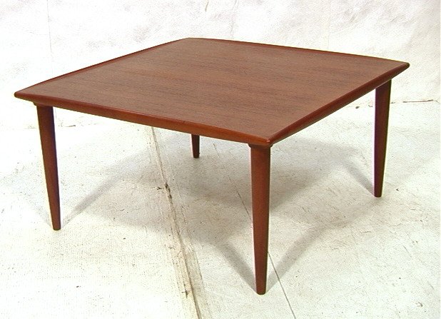 Danish Teak Modern MM MOREDDI Low Square Table. T: Danish Teak Modern MM MOREDDI Low Square Table. Teak Cocktail Coffee Table with Rolled Edge. Tapered Peg Legs. Marked.-- Dimensions: H: 16.25 inches: W: 31.75 inches: D: 31.75 inches ---