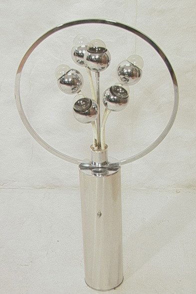 Chrome 70's Modern Table Lamp. Wide Chrome Tubula: Chrome 70's Modern Table Lamp. Wide Chrome Tubular Base with 6 Chrome Ball Lights. -- Dimensions: H: 36 inches: W: 19.5 inches ---