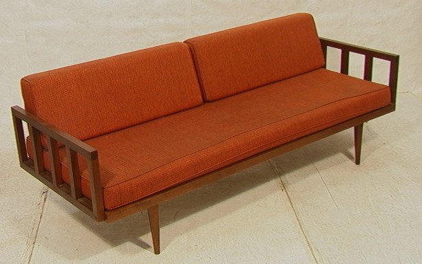 American Modern Walnut Daybed Sofa with Orange Up: American Modern Walnut Daybed Sofa with Orange Upholstery. Open arm sides.-- Dimensions: H: 28 inches: D: 28.75 inches: L: 76 inches ---