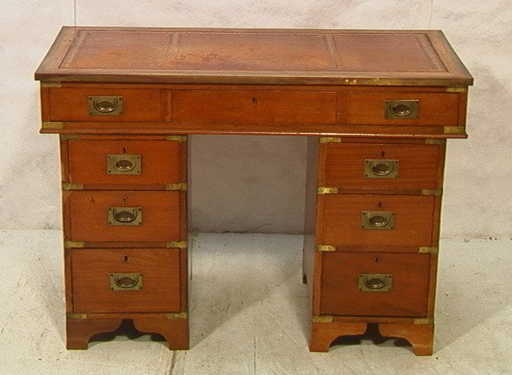 488: Antique English Campaign Desk. Leather Top. Brass - 488: Antique English Campaign Desk. Leather Top. Brass