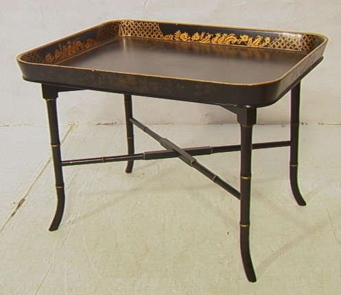 Ebonized Wood Tray style Side Table. Ebonized Fau: Ebonized Wood Tray style Side Table. Ebonized Faux Bamboo Base. Tray Top. One piece. Asian decorated motif. -- Dimensions: H: 21.5 inches: W: 30.5 inches: D: 23 inches ---