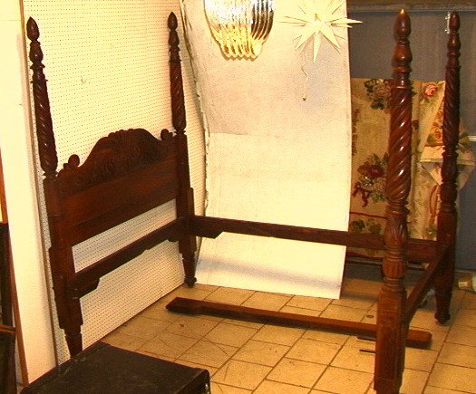 Heavily Carved Antique Poster Bed. Heavy Twisted: Heavily Carved Antique Poster Bed. Heavy Twisted Column Posts. Original bolt on rails.-- Dimensions: H: 84 inches: W: 64.5 inches ---