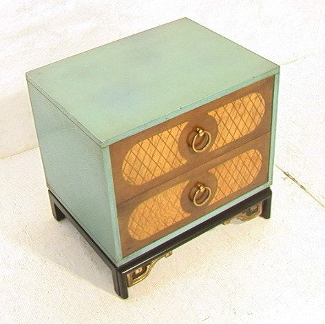 Mastercraft Dorothy Draper Style Chest Side Table: Mastercraft Dorothy Draper Style Chest Side Table with Brass inlay. Turquoise chest with natural wood drawers inlaid with brass. Ring pulls.-- Dimensions: H: 23 inches: W: 24.25 inches: D: 19.25 inche