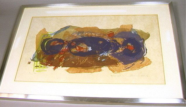 RIKIO TAKAHASHI (Japan) signed Wood Block Print.: RIKIO TAKAHASHI (Japan) signed Wood Block Print. Abstract. Signed in pencil: 5/50, 1960 "Mexican's Sail" -- Dimensions: Image Size: H: 16 inches: W: 27.75 inches ---