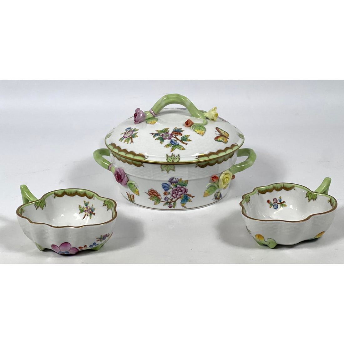 3pc HEREND HUNGARY Lidded Tureen and Two Handled Bowls. Floral and Butterfly Decorations. All marked (1 of 13)