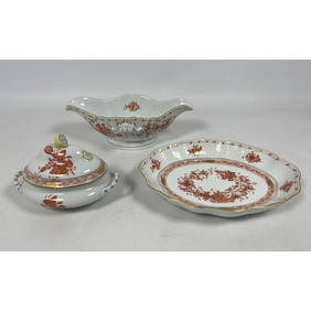 3pc HEREND Hungary Porcelain Table Ware. Rust Hand Painted CHINESE BOUQUET. Mini Tureen with Lemon F (1 of 14)
