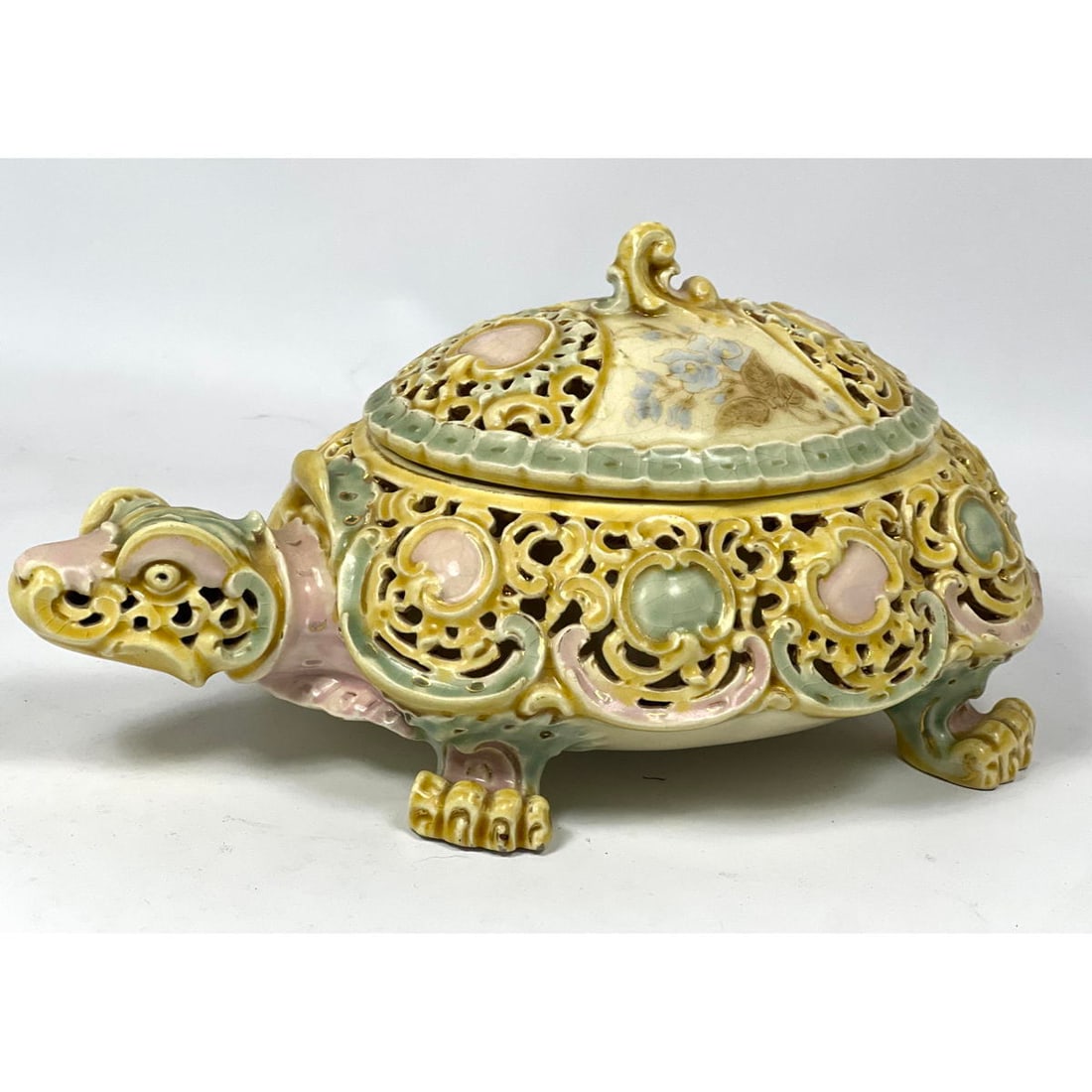ZSOLNAY Hungary Reticulated Turtle Box. Porcelain Figural Lidded Box: Turtle Form. Hand Painted. mar (1 of 11)