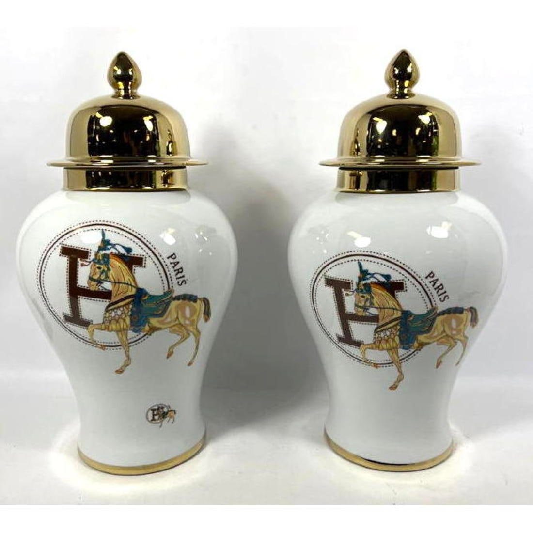 Pr Baluster Form Hermes style Pottery Vases. Ginger Jars with gold painted domed lids. After Hermes.: Pr Baluster Form Hermes style Pottery Vases. Ginger Jars with gold painted domed lids. After Hermes. Dimensions: H: 23 inches: W: 12 inches: D: 12 inches ---