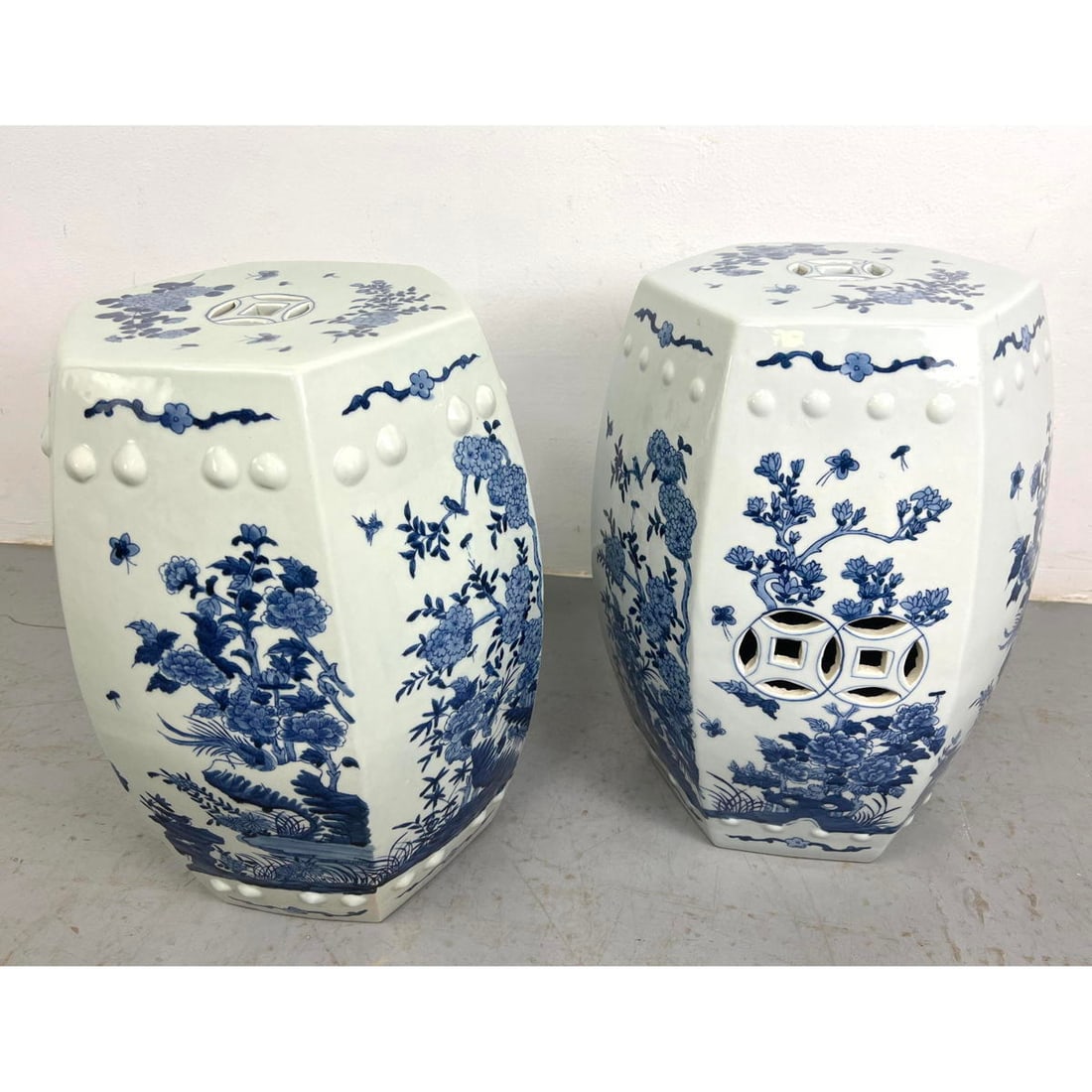 Pr Asian Ceramic Garden Seats. Blue Decorated Floral Mum Designs with Small Birds. Pierced Elements. (1 of 10)