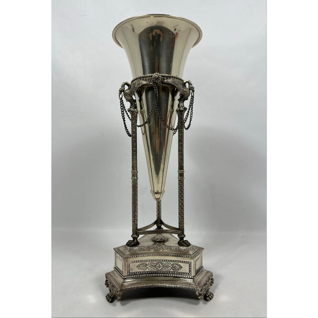 Tall Silver Tone Trumpet Vase In Classical Stand. Figural Swan Elements with draped chain details. (1 of 12)