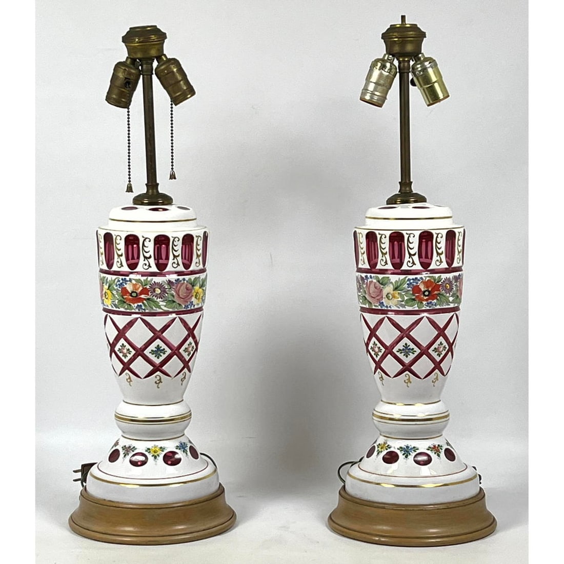 Pair Bohemian Cut glass Table Lamps. White enamel on cranberry glass. (1 of 15)