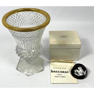 2pc French Crystal Lot. One VAL St LAMBERT Crystal Vase with Metal Rim; marked VSL. BACCARAT Sulfide: 2pc French Crystal Lot. One VAL St LAMBERT Crystal Vase with Metal Rim; marked VSL. BACCARAT Sulfide "Cameo" paperweight; probably a Pope. Comes with J.E. Caldwell Box and Baccarat pamphlet. Dimension