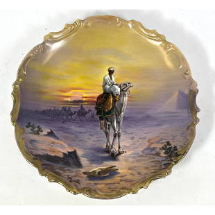 Nippon style Hand Painted Decorative Plate. Camel and Rider near Pyramid at Sunset. Signed W Groschl: Nippon style Hand Painted Decorative Plate. Camel and Rider near Pyramid at Sunset. Signed W Groschl ? Dimensions: H: 13 inches: W: 13 inches: D: 2 inches ---