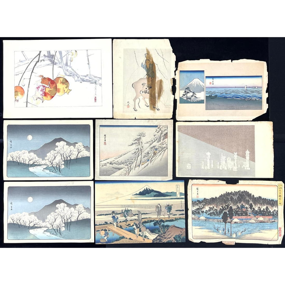 9pc Japanese Woodcut Prints. Scenic Landscapes. Volcano. Pomegranates. Print of small stone carvings (1 of 20)