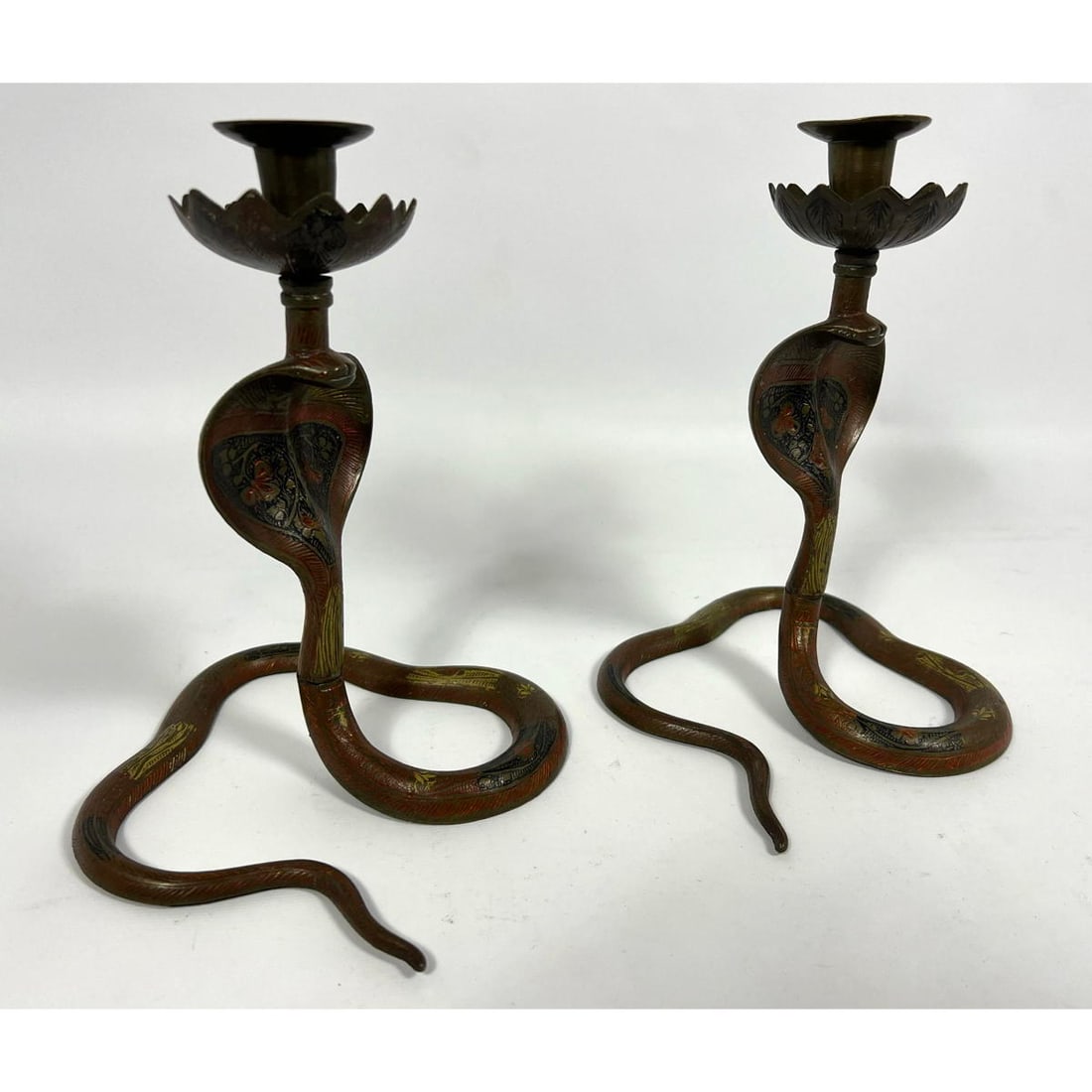 Pr Anglo Indian Painted Bronze Cobra Candle Sticks. Mid 20th c. (1 of 8)